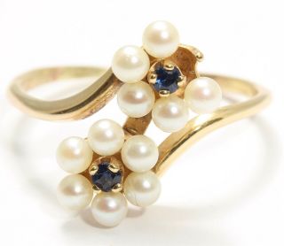 Vintage Signed 14k Gold Sapphire & Pearl Cluster Flower Ring Missing 1 Pearl