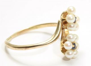 Vintage SIGNED 14k Gold Sapphire & Pearl Cluster Flower Ring MISSING 1 PEARL 2