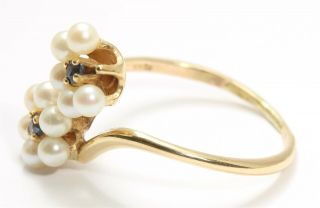 Vintage SIGNED 14k Gold Sapphire & Pearl Cluster Flower Ring MISSING 1 PEARL 3