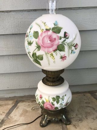 Vintage Hand Painted White Floral Parlor Oil Lamp Converted To Electric