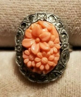 Antique Salmon Pink Angel Skin Coral Hand Carved Flowers Sterling Silver Ring 5