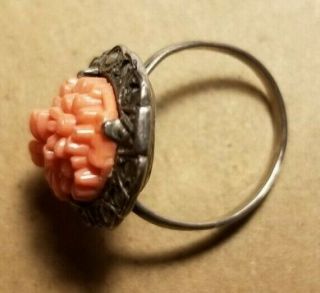 Antique Salmon Pink Angel Skin Coral Hand Carved Flowers Sterling Silver Ring 5 2