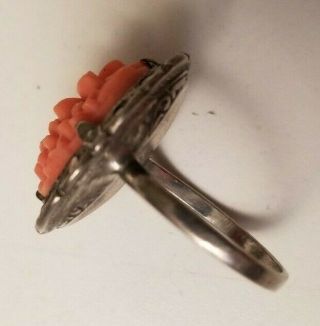 Antique Salmon Pink Angel Skin Coral Hand Carved Flowers Sterling Silver Ring 5 4