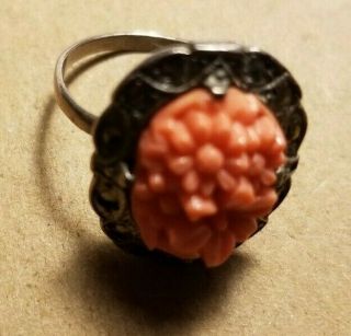 Antique Salmon Pink Angel Skin Coral Hand Carved Flowers Sterling Silver Ring 5 5