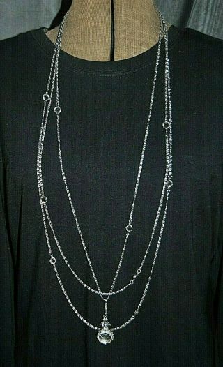 Vintage Goldette Long Triple Strand Clear Frosted Intaglio Cameo Necklace 36 "