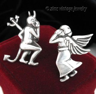 Vintage Old Taxco Mexican Sterling Silver Repousse Devil Angel Figural Earrings