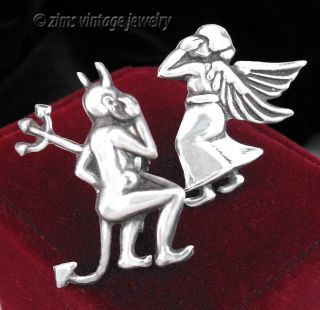 Vintage old Taxco MEXICAN Sterling silver repousse DEVIL ANGEL figural EARRINGS 2