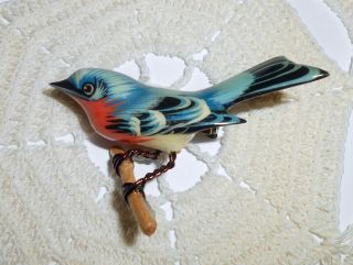 Vintage Takahashi Blue Bird Pin Brooch Wire Legs Push Pins Hand Carved Wood