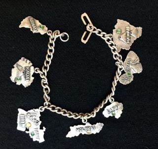 Vintage Sterling Silver Hawaiian Islands Souvenir Charm Bracelet W/green Stones