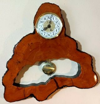 Vintage Gnarly Burl Wood Slab Wall Pendulum Clock Gorgeous Grain Chime