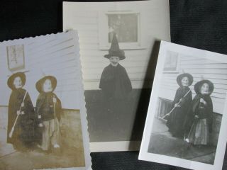 Vintage Halloween 3 B&w Photos Girls In Witch Crone Hag Costumes 1940s/1950s