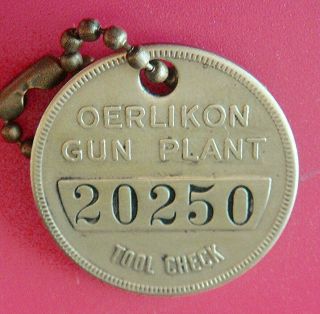Wwii Tool Check Brass Tag: Oerlikon Gun Plant Pontiac Mi; Military Supplier