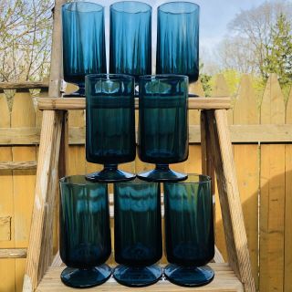 Set Of 8 Vtg Indiana Colony Nouveau Riviera Teal Blue Footed Iced Tea Glasses