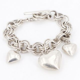 Vtg Sterling Silver - Mexico Taxco Heart Charm Chain 7.  5 " Heavy Bracelet - 56g