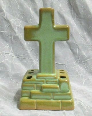 Frankoma Pottery Prairie Green Religious Cross Flower Frog Vintage Ada Clay 804