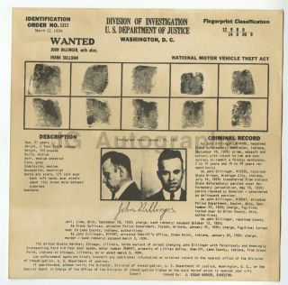 John Dillinger Fbi Issued Vintage Wanted Notice U.  S.  Doj,  Washington,  Dc
