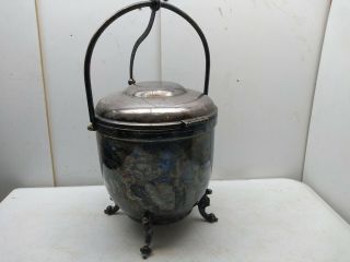Vintage Thermos Silver Plate Ice Bucket Bar - Ware Cart Hinged Lid Footed Base