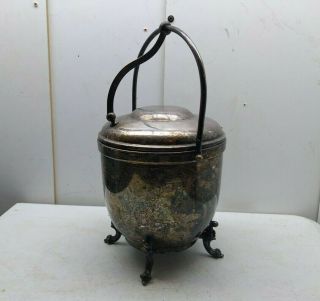 Vintage Thermos Silver plate Ice Bucket Bar - ware Cart Hinged Lid Footed Base 3