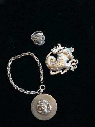 Vintage Cini Signed Sterling Zodiac Taurus Set Ring,  Bracelet,  Brooch/pin Fs Rare