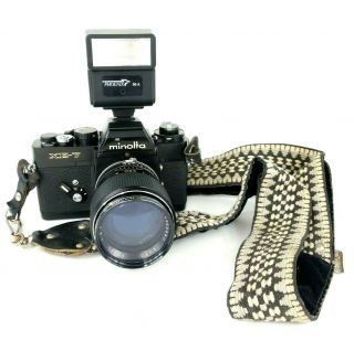 Vintage Minolta Xe - 7 Slr 35mm Camera With 135mm Lens Phoenix Flash Strap Xe 7