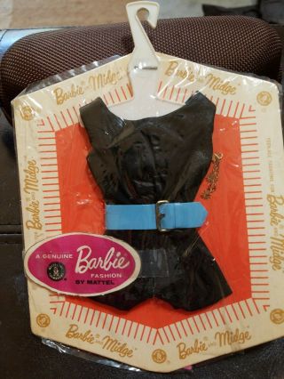 Vintage Barbie Outfit Black Scoop Neck Playsuit W/ Blue Belt & Gold Accessor Moc