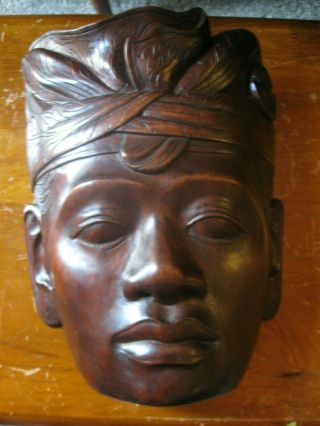 Vintage Hand Carved African Wood Face Mask Wall Art W/ Headdress 10 " Solid
