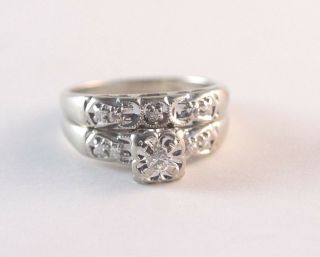 Vintage Diamond 14k White Gold Engagement Ring Wedding Band Set Size 6