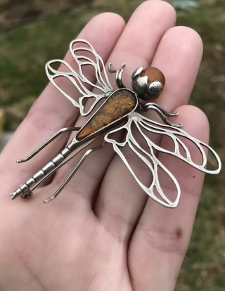 Vtg Large 8.  2g Sterling Silver Stamp Dragonfly Insect Amber Statement Pin Brooch