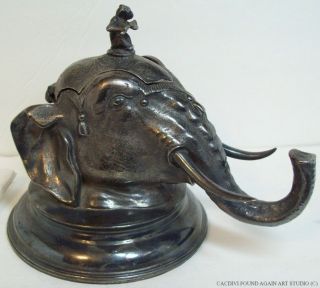 Antique Victorian English Sheffield Silverplate Figural Inkwell Elephant Head