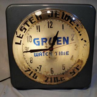 Vtg Antique Gruen " Watch Time " Wall Clock Lester Jewelry Cincinnati Distressed