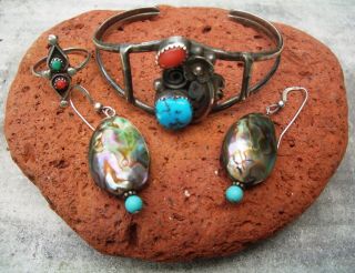 Vintage Navajo Silver Turquoise Coral Bracelet & Ring,  Mother Pearl Earrings Set