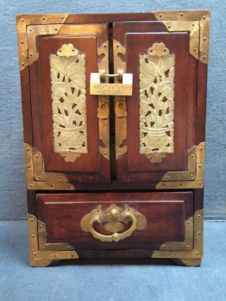 Vintage Chinese Oriental Carved Jade Brass Asian Wood Jewelry Trinket Box W Lock