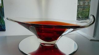Vintage 50s Whitefriars Ruby In Clear Crystal Glass Bowl By Geoffrey Baxter