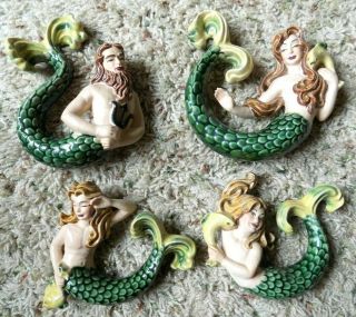 Vtg Set Of 4 Ceramic Art Studio Wall Figurines Neptune Mermaid Water Sprite 50 