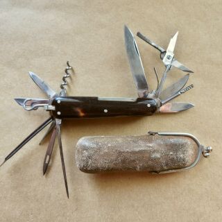 Antique German J A Henckels Folding Pocket Knife Multi - Tool In Leather Pouch