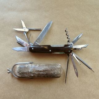 Antique German J A Henckels folding pocket knife Multi - Tool in leather pouch 2