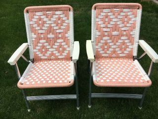 2 Vtg Aluminum Macrame Folding Lawn Chair Set Camping Euc Peach White Retro 70s