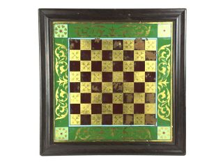 Antique Victorian Reverse Painted Glass Framed Chess Game Board