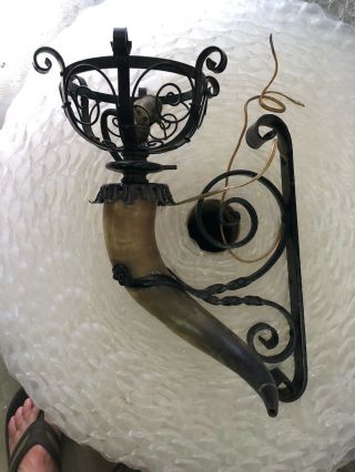 Antique Vtg Horn Wall Light Lamp Pull Mountain Forest Cabin Decor Sconce