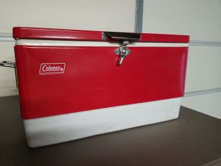 Vintage Coleman (usa) 1976 Red Metal Cooler Ice Box Metal Handle Bottle Openers