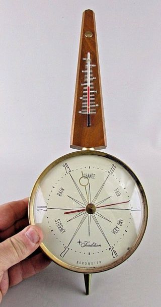 Vtg Mcm Tradition Brass Teak Wood Banjo Wall Barometer Thermometer Sears 46588