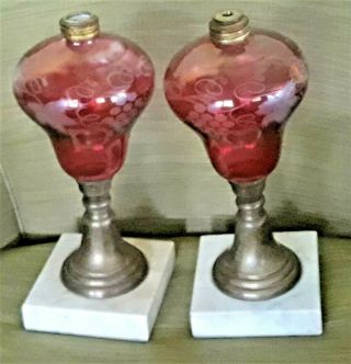Antique 19th Century Etched Glass Oil Lamps On Brass And Marble Base