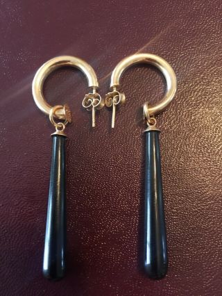 Vintage Mid Century Modern 14k Gold Black Onyx Drop Dangle Hoop Earrings