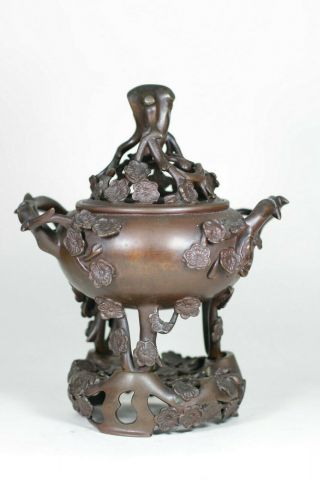 Antique Chinese Republic Period Bronze Incense Burner Censer Cover Prunus