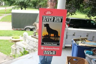 Vintage River Run Dog Puppy Food Feed Farm Gas Oil 2 Sided 34 " Metal Flange Sign