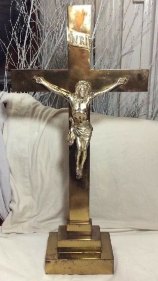Vintage Brass Standing Large Altar Crucifix Jesus On Cross 24.  5 " X12 " Solid
