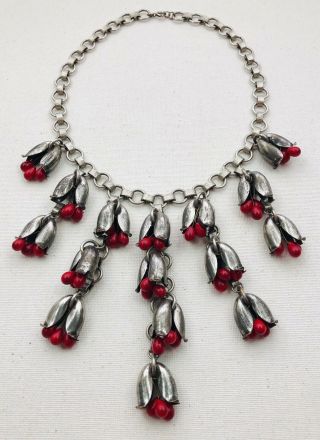 Vintage Art Deco Silver Toned Book Chain Waterfall Necklace With Red Berries