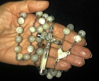Antique Huge Catholic Rosary Mother Of Pearl & Sterling Silver 59 Beads
