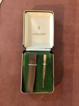 Vintage 14k Gold Diamond Toothpick With Leather Case