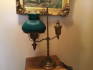 Vintage 22 1/2” Brass Student Library Electric Green Shade Table Lamp